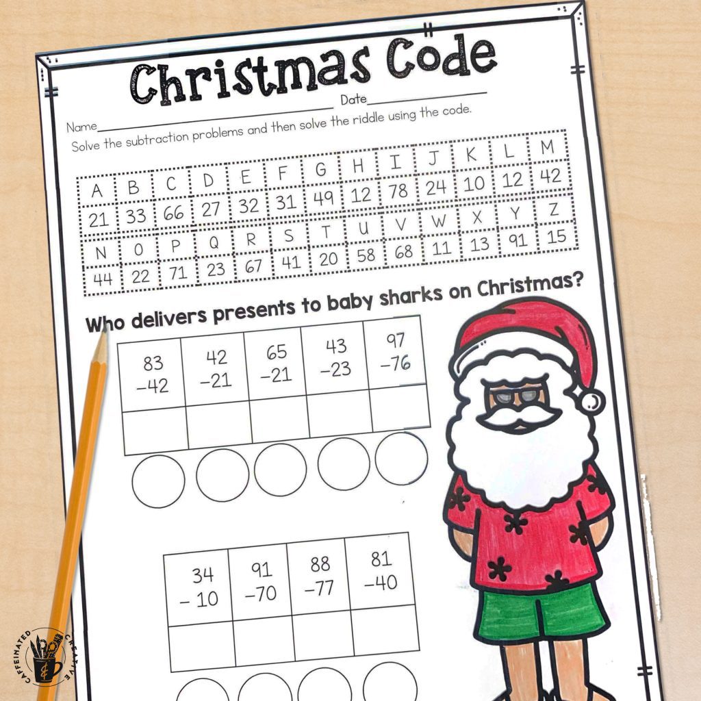Practice subtracting two 2 digit numbers with Christmas Code. After solving each of the equations, students fill in the corresponding letters to solve the riddle. Part of a Digital and Printable December ELA and Math Bundle for Second Grade. These activities/worksheets/slides are meant to be time-savers for 2nd grade that can be used for homework, morning work, fun assessments, early finishers, or even last minute substitute plans!