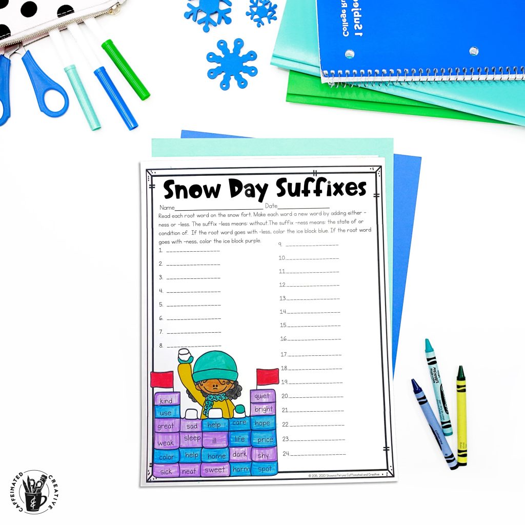 With Snow Day Suffixes second graders will be able to determine if they should add the suffix ness or less. Then they will color the ice block according to the code. This is part of a Digital and Printable Winter Math and ELA Activities bundle for second grade. Perfect for the winter months when you need a quick and easy winter activity! Perfect for morning work, homework, test prep, review, early finishers, sub plans, and more! All you need to do is print or assign slides!