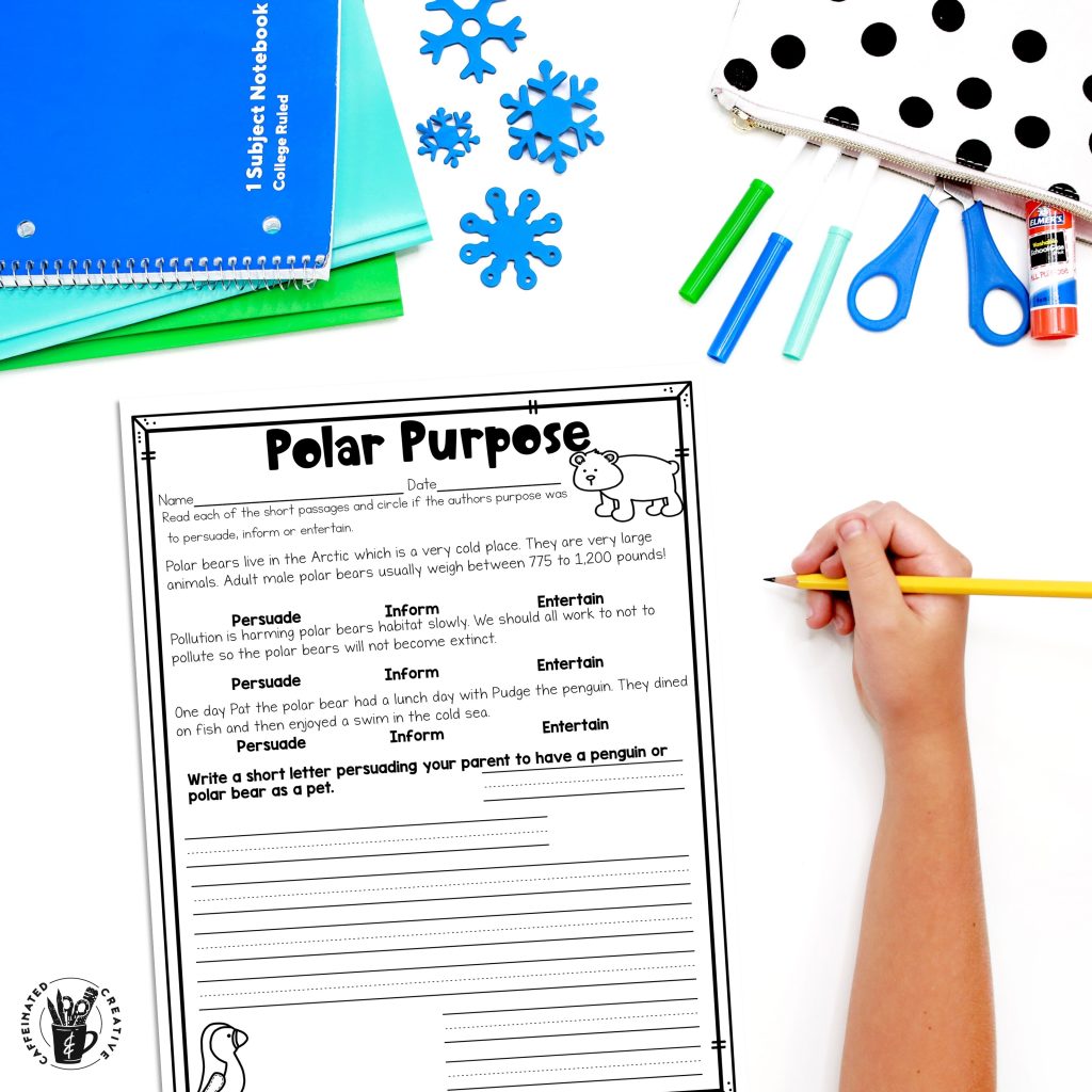 Polar purpose is a fun winter ELA activity to practice finding the purpose of a piece of writing.