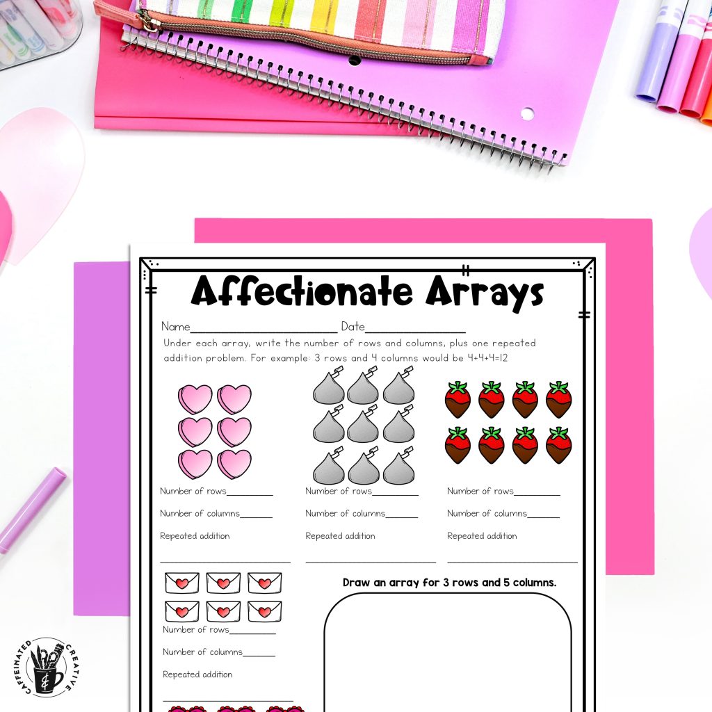 Using Valentine's Day candy, students will practice learning about arrays by finding the number of rows, columns and repeated addition. Great for starting the basics of multiplication!