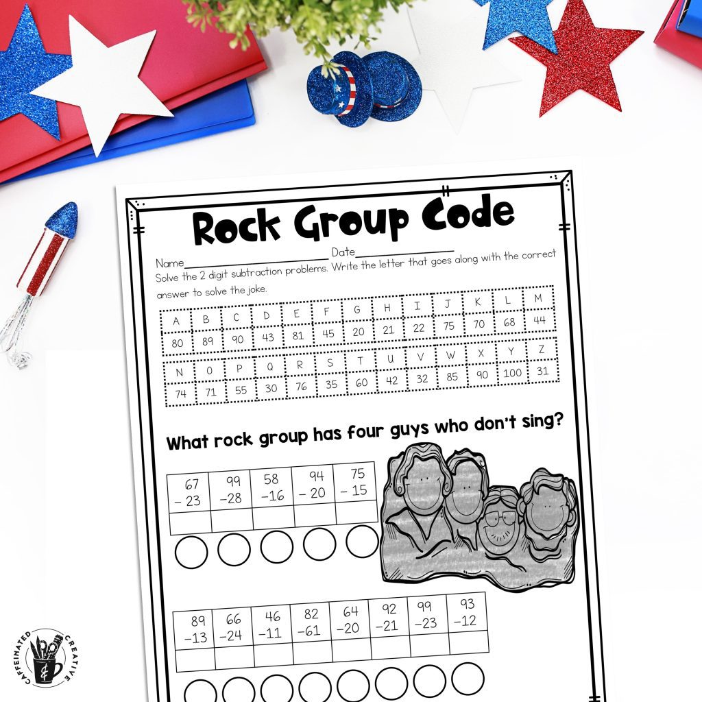 Get a laugh and also have students practice subtracting two-digit numbers with Rock Group Code. Perfect for President's Day!