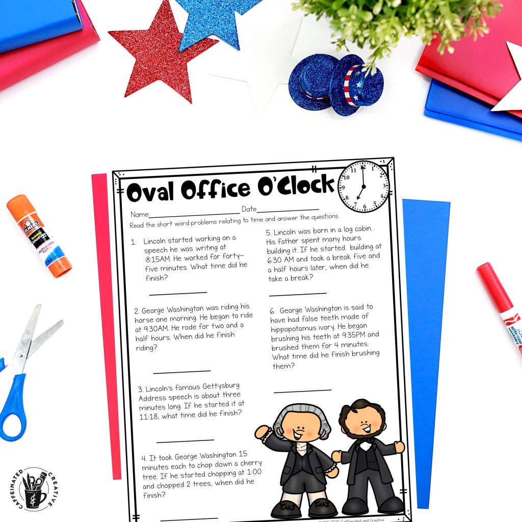 Time to learn about the presidents. With Oval Office O'clock students will read short word problems involving elapsed time and write the time.