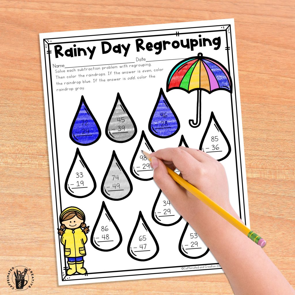 Rainy Day Regrouping is perfect spring time practice for subtracting two digit numbers.