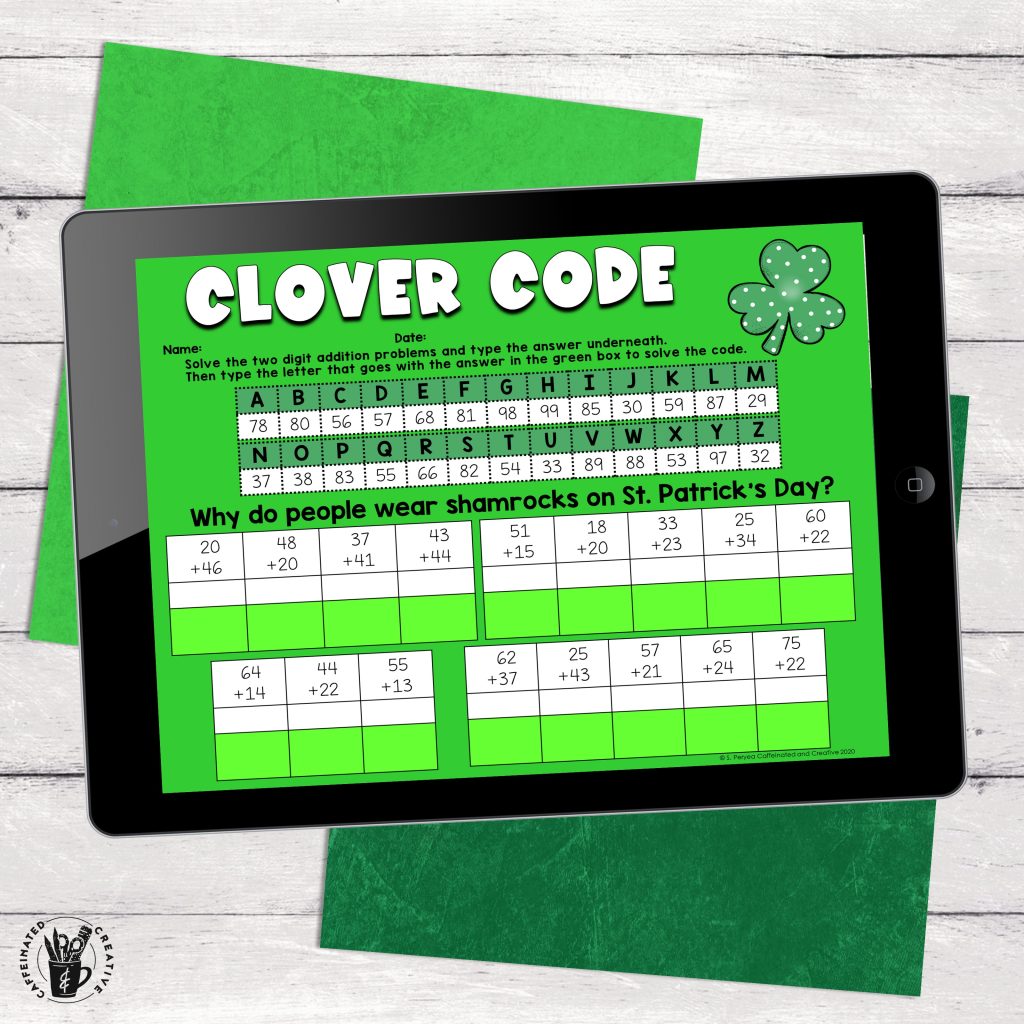 Second grade students will practice 2 digit addition with Clover Code, a fun St. Patrick's Day math activity!