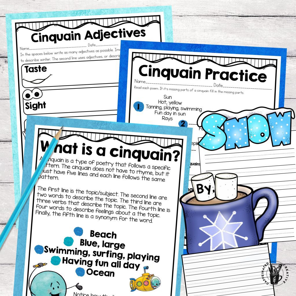 Winter Cinquain Writing Unit and Display includes everything you need for teaching cinquains and creating a winter-themed display. Teach students all about cinquains with this mini-unit. Students will learn about cinquain, practice writing a cinquain by following the pattern, and then go through the writing process to create a winter-themed cinquain. Displaying your student's cinquains is easy! There are 20+ templates to create a winter-themed bulletin board!