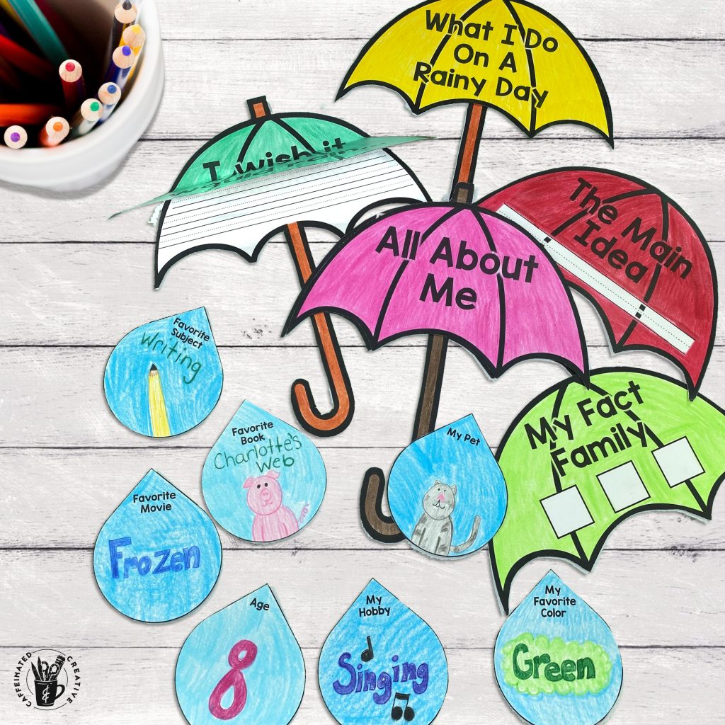 Umbrella Craft and Writing is perfect for year-round use! It includes several different prompts and raindrop templates. Included in this craft are the following prompts: • I wish it would rain... • All About Me • What I do on a rainy day • Book report • Idioms • Fact Families • Main Idea • Blank Templates • Directions on how to assemble • Ideas to use the umbrella year-round!
