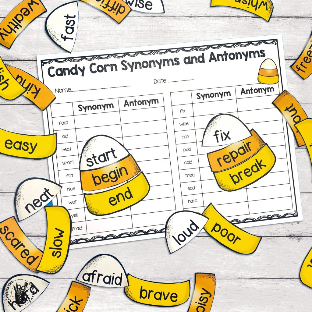 This synonyms and antonyms center uses candy corn for a fun Halloween or Fall themed center for students to practice their synonyms and antonyms. This comes with 2 pages of candy corns as well as different recording sheets for differentiation. Perfect for second graders, but can used for first or third grade as well as a fun Halloween ELA activity.