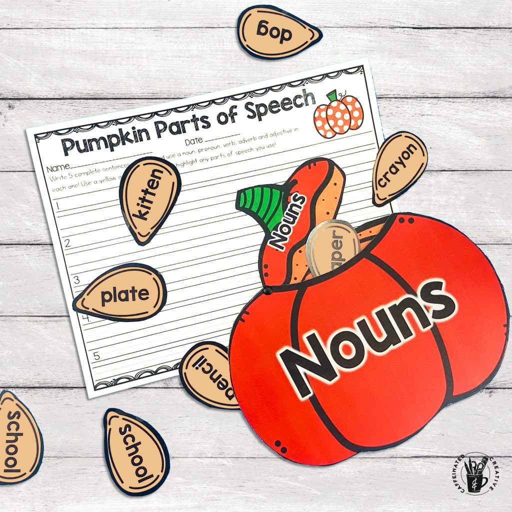 Parts of Speech Pumpkins is a great way to practice sorting parts of speech. This center includes five pumpkins for nouns, verbs, adjectives, adverbs and pronouns and 108 pumpkin seeds to sort! Great for fall, Halloween, and Thanksgiving!