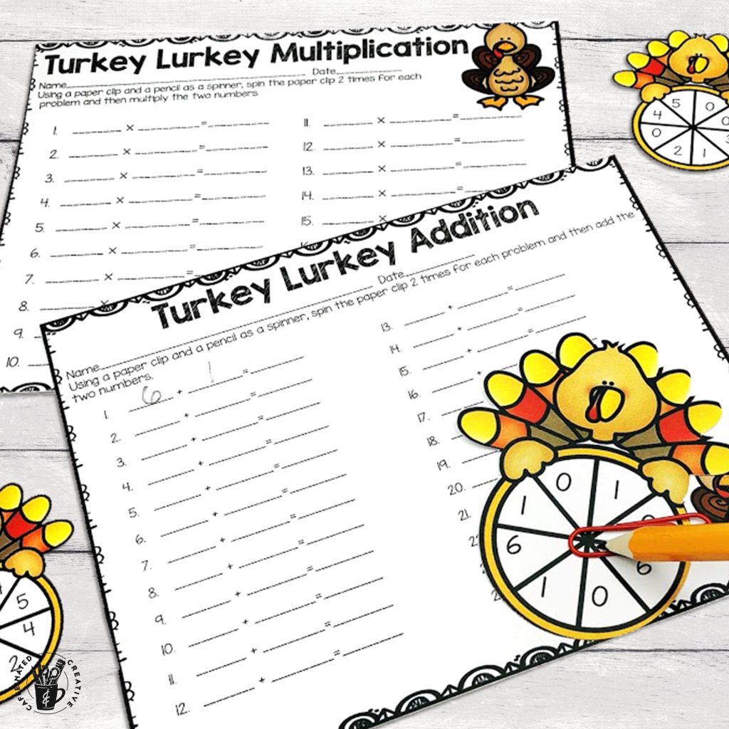 Turkey Addition and Multiplication Spinner Center is perfect for practicing either multiplication or addition! This includes numbers 0-12, 54 different spinners, a sample sheet with one spinner, as well as a recording sheet for both multiplication and addition. Perfect for any elementary grade and is a fun math center for Thanksgiving!