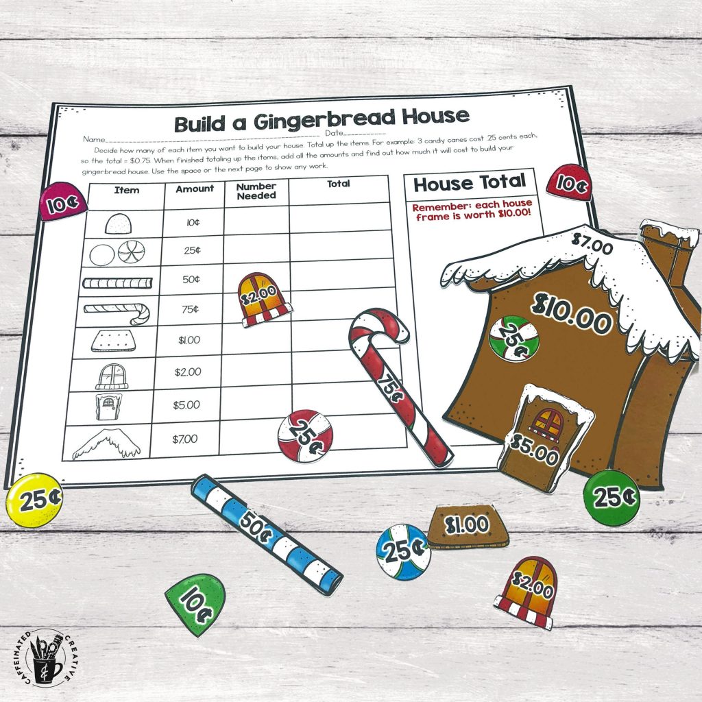 Build A Gingerbread House Math Center is an interactive game and activity for students to build an understanding of money. In the center, they will design a gingerbread house using the items included. Each item is priced differently. They will add or multiply each items amount by how many items they need of each and then will calculate the total cost of the whole house.
