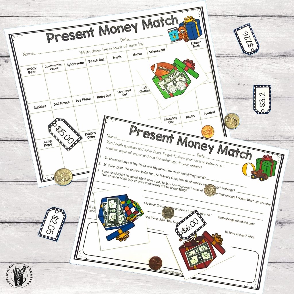 Toy Money Match Center is a fun way for students to practice matching coins and bills with the dollar value. This center can be used for Christmas or anytime of the year to practice money! Students look at each toy that contains bills and coins and match it the correct tag. Comes with a recording page and challenge page with word problems involving the toys!