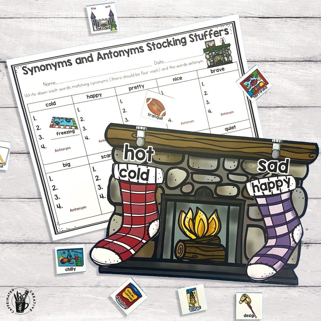 Have students practice matching words with their synonyms and antonyms with Synonyms and Antonyms Stocking Stuffers! This fun center is perfect for Christmas. The object of the center is for students to find four toys that are synonyms for the words on the stocking. Then they match the stockings to the correct fireplace.