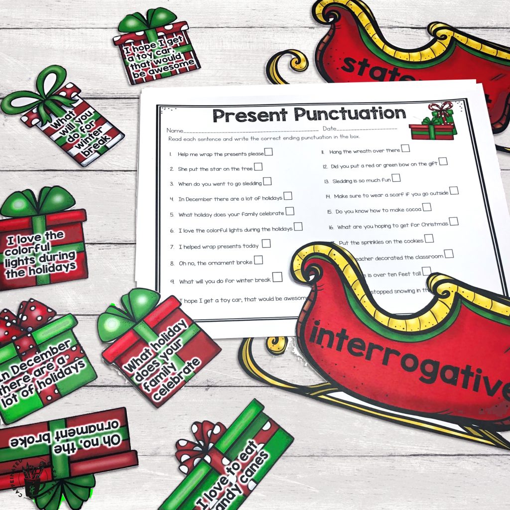 Present Punctuation is a fun center for students to practice sorting sentences by their correct ending punctuation and type of sentence it is! Great for Christmas time! Students will read each sentence then place it in or the sleigh with the correct ending punctuation. There are different sentence types for variety of grades. Comes with a recording sheet.