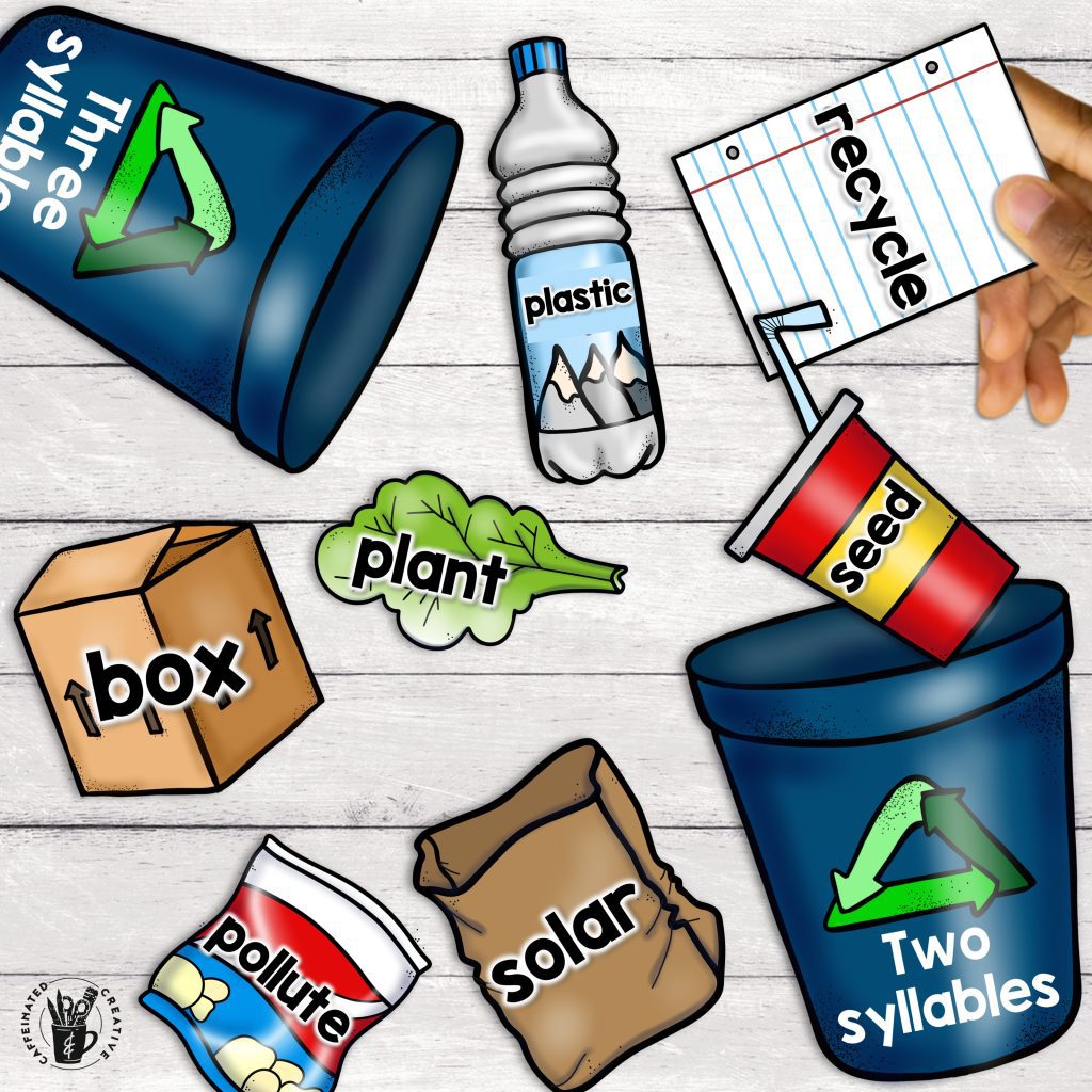 Syllable Sort Center Game is an interactive game for students to practice sorting syllables. This comes with instructions how to assemble and 30 different words with up to three syllables. Students place recyclable items with words into the correct recycling bin. Great for Earth Day!