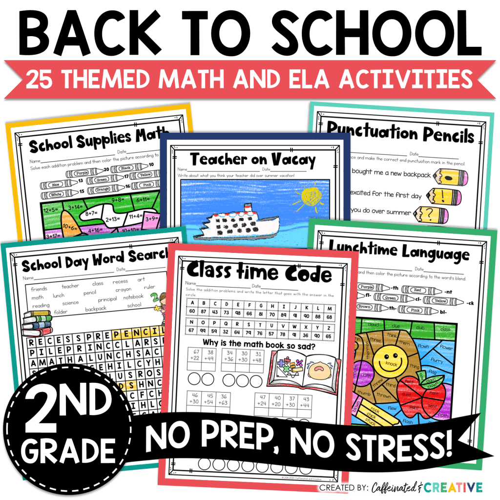 Back to School No Prep Math & ELA Printable Activities for Second Grade