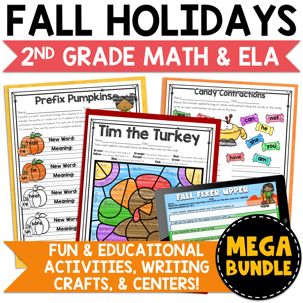 September, October, and November are pretty much planned for you with this Fall Math Reading Writing Mega Bundle which includes over 90 pages of PRINT NO PREP worksheets/activities 70 DIGITAL options, centers, and writing crafts! Cover the fall/Autumn season, apples, pumpkins, Labor Day, Halloween, Thanksgiving, and more with this bundle!