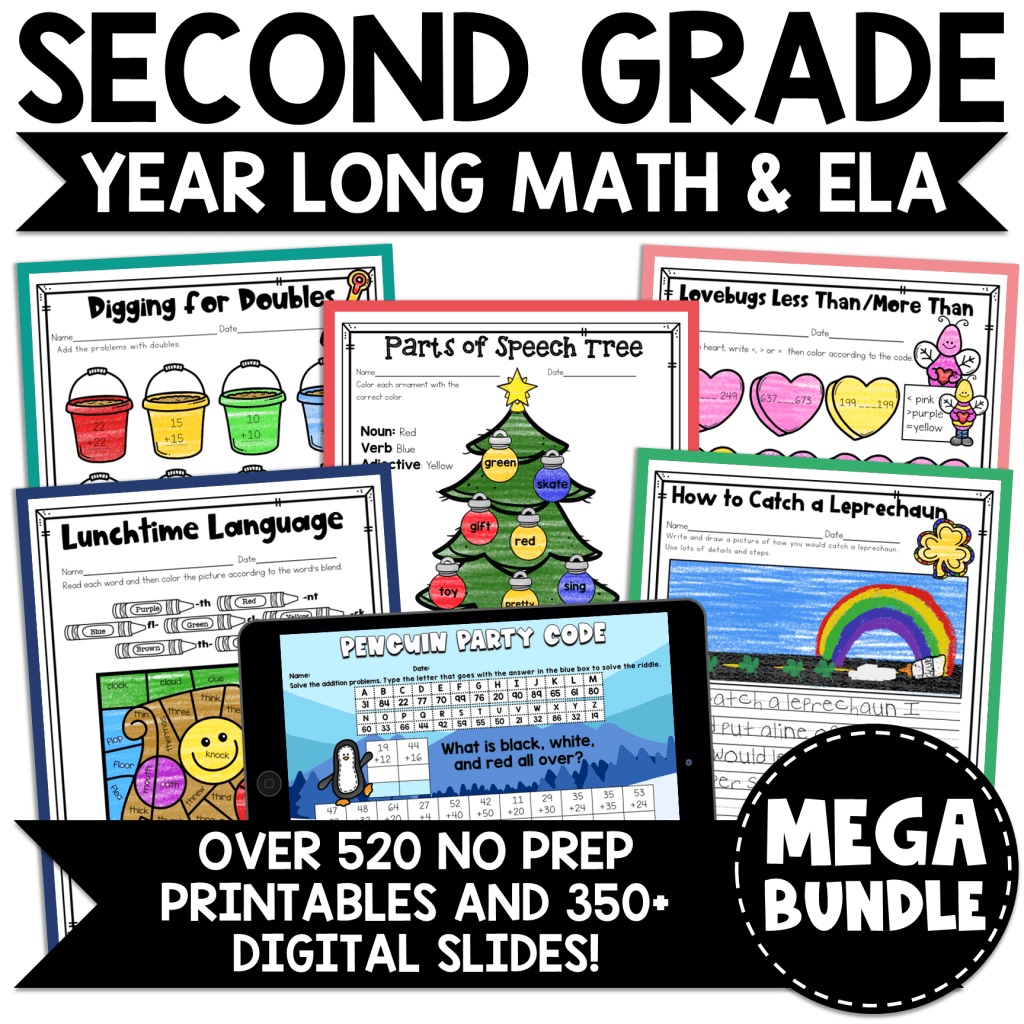 Year Long No Prep and Digital Math & ELA Activities for 2nd Grade