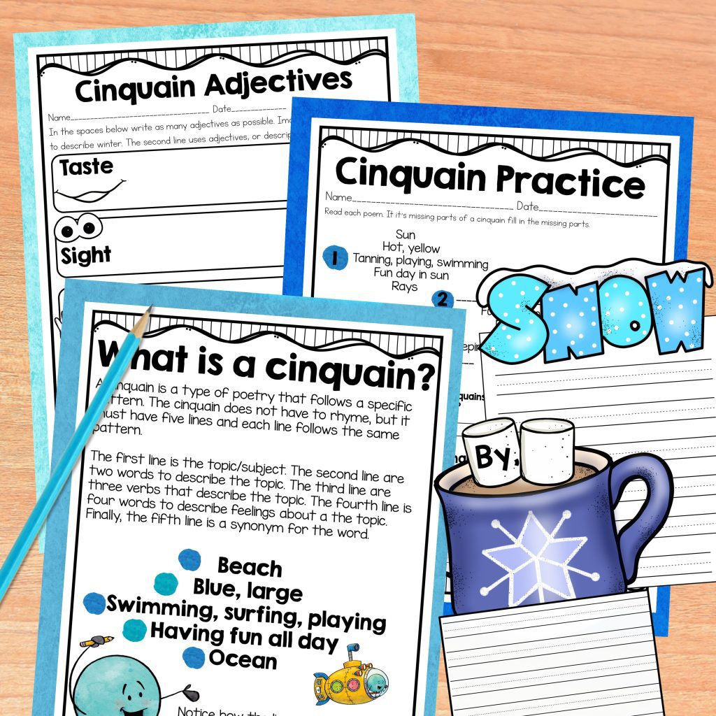 Winter Cinquain Writing Unit and Display includes everything you need for teaching cinquains and creating a winter-themed display. Teach students all about cinquains with this mini-unit. Students will learn about cinquain, practice writing a cinquain by following the pattern, and then go through the writing process to create a winter-themed cinquain. Displaying your student's cinquains is easy! There are 20+ templates to create a winter-themed bulletin board!