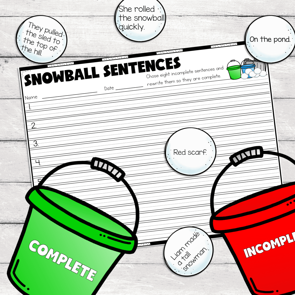 Snowball Complete and Incomplete Sentences Center is a fun and interactive way for students to practice recognizing complete and incomplete sentences. The object of the center is to place each snowball in the correct pail. Then students will make five of the incomplete sentences complete with the recording sheet.