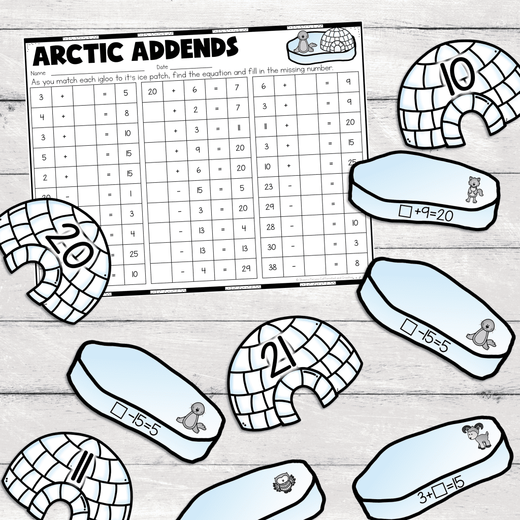 Match each igloo containing a number with the equation on the ice patch where the number will fit.