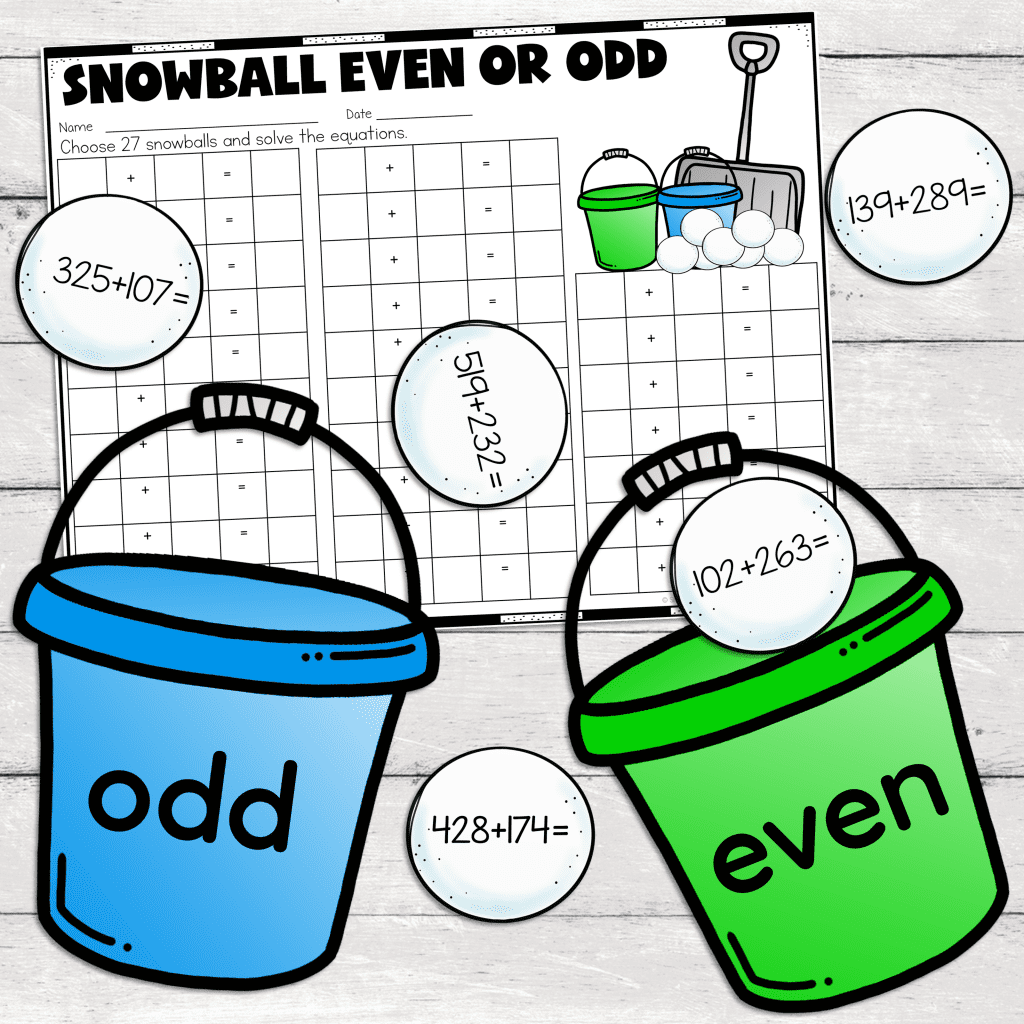 Even or Odd Snowballs is a center game for students to practice addition and subtraction as well as determining whether the sum is even or odd! Students will solve addition and subtraction problems, then using the pails, will sort the answer by even or odd! This center comes with 2 "pails" and 60 snowballs! There is also a recording sheet for students to show their work on. Some snowballs require regrouping for more differentiation practice.