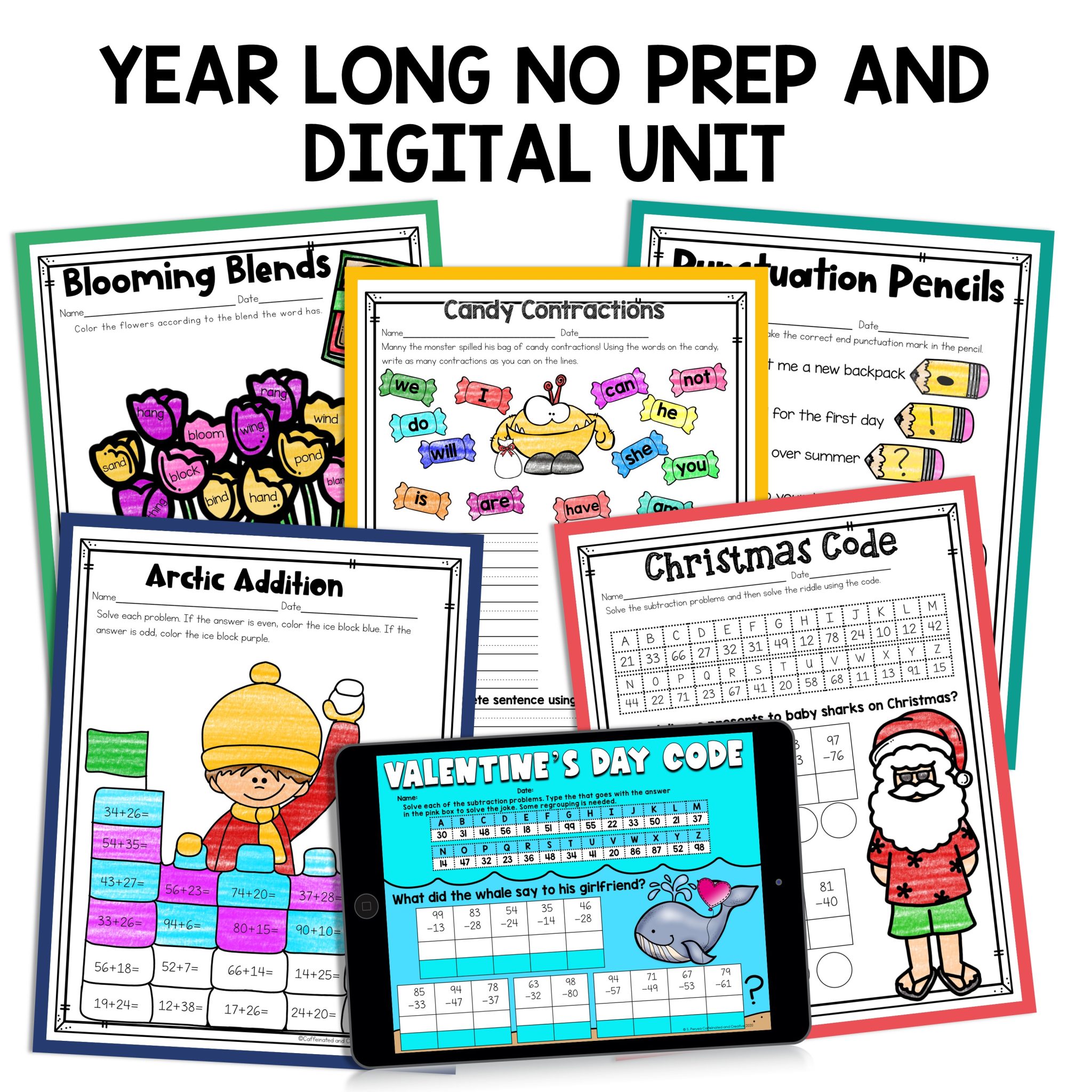 If you are looking for fun no prep printables OR digital slides for the entire year, look no further! Your second grade students will be able to practice many concepts in math and language arts. With over 470 pages of activities/worksheets tailored towards second grade standards you wil be set for winter, spring, summer, and fall! Cover tons of holidays all while having fun and engaging lessons for so many concepts! These activities can be used for morning work, homework, sub plans, review, and much more!