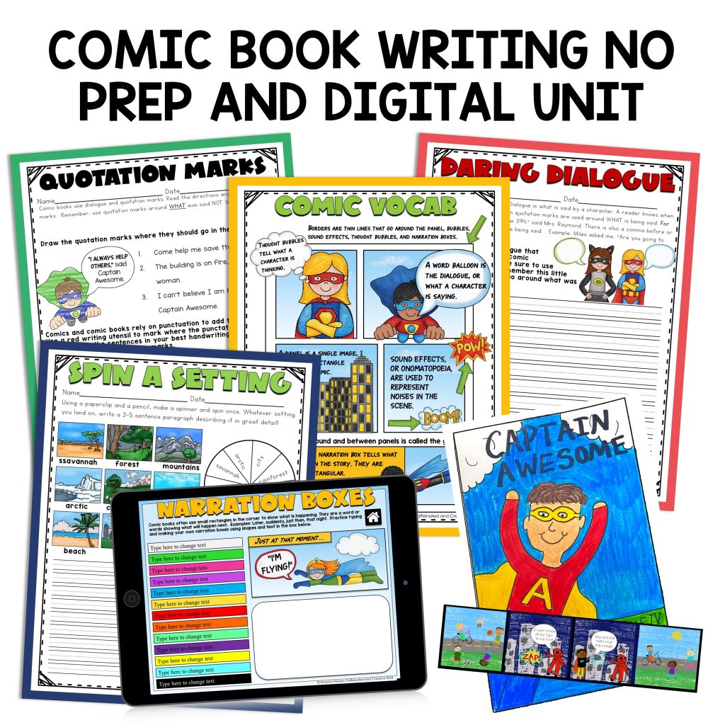 Does writing time have you and your students groaning? Do you struggle keeping your class engaged and/or find teaching writing to be boring? I've been there, done that. Now you can turn writing into a fun and engaging activity that will have your students asking, " Is it time for writing yet!?"

All writing time stress will be gone with one word. Comics!

Comics are engaging for kids and adults alike, and now you can help your students learn to love writing with Comic Writing Activities! This is a fun and creative way to teach your students the writing process!

After learning all about what it takes to create a comic, they will go through the brainstorming process, rough draft, editing, and finally make a comic! There is a huge variety of templates to make comic strips, full pages, and comic books!